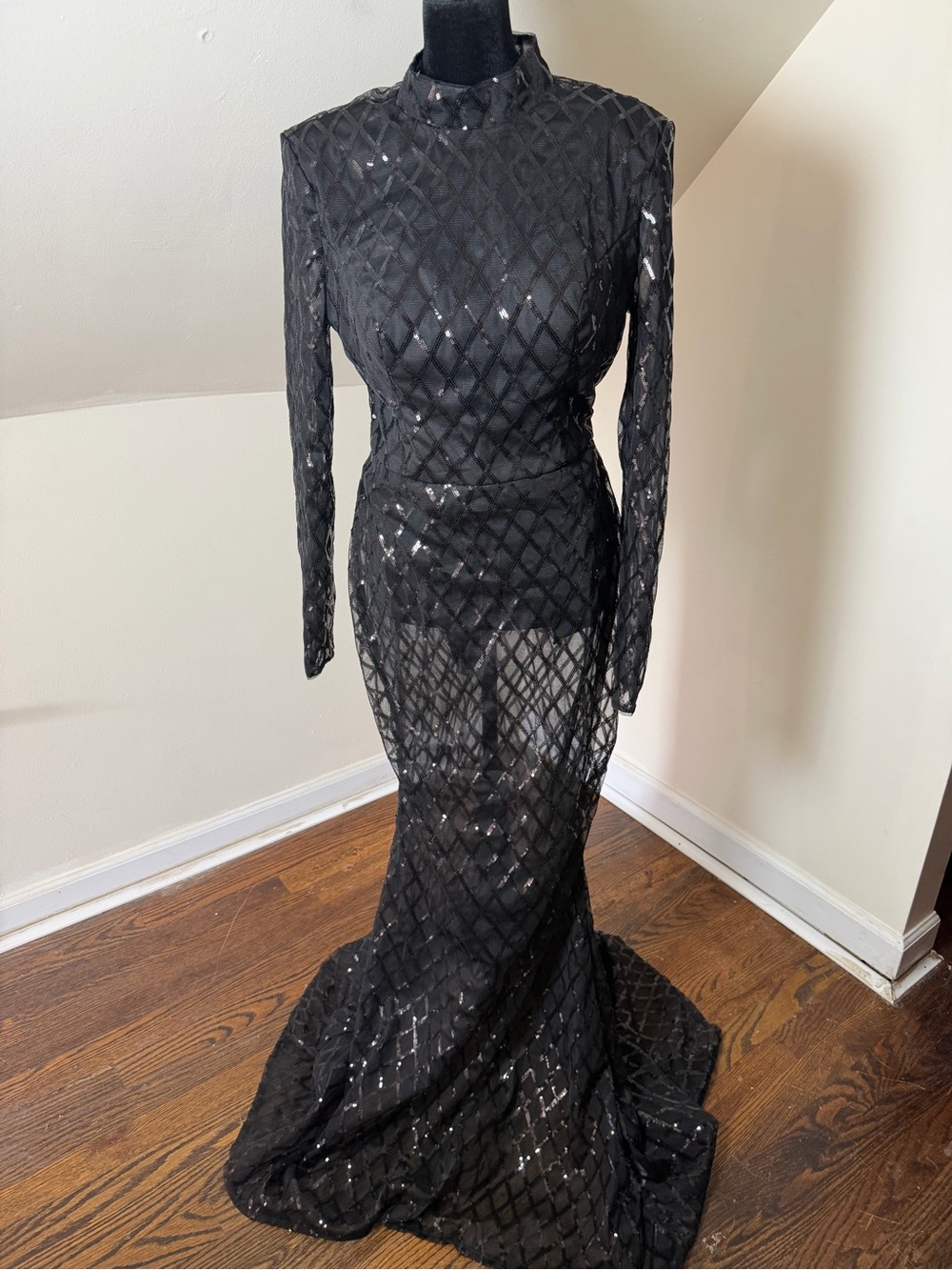 SHEIN Black Long-Sleeve Sheer Sequin Lattice Gown